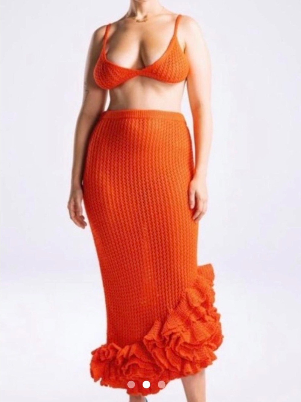 Hanifa Orange Knit Ruffle-Hem Maxi Skirt